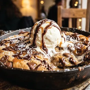 Hot cookie dough served in a skillet with ice cream and chocolate sauce